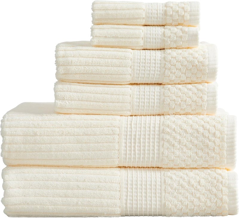 SPRING TREE 100% Cotton Bath Towel Set | 6 Piece Set | Absorbent & Quick-Dry Bath Towels | Textured and Durable Cotton | Krista Collection - Cream - Image 1